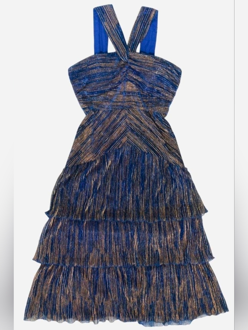 Cache Metallic Gold Blue Halter Midi Dress Sz 8 Tiered Ruffle Y2K Party Cocktail